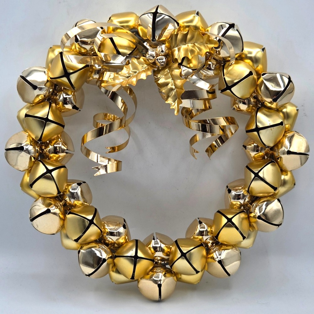Christmas Gold Jingle Bell Wreath All Metal 2 Sided with Bow 12"